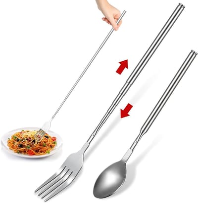 Uittrekbare vorklepel set van 2, lange roestvrijstalen vorkverlenging voor grillen en dineren, intrekbare lepel voor gemak en veelzijdigheid