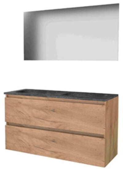 Basic-Line Ultimate 46 Badkamermeubelset - 120 x 46 cm - Greeploos - 2 Lades - Hardstenen Wastafel - Zonder Kraangat - Spiegel met Indirecte LED Verlichting - Whisky Oak