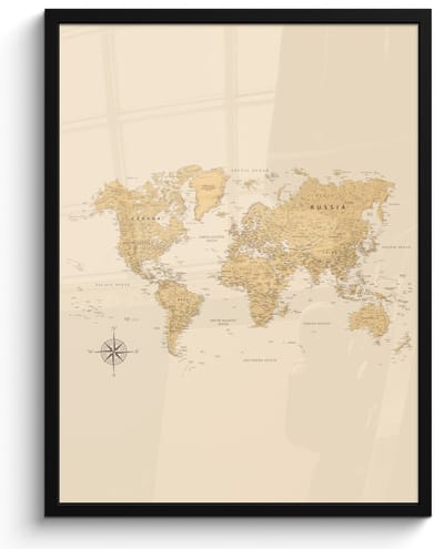 Poster in lijst - Fotolijst 60x80 cm - Posters - Wereldkaart - Realistisch - Beige - Posterlijst zwart - Decoratie - Wanddecoratie woonkamer - Muurdecoratie slaapkamer