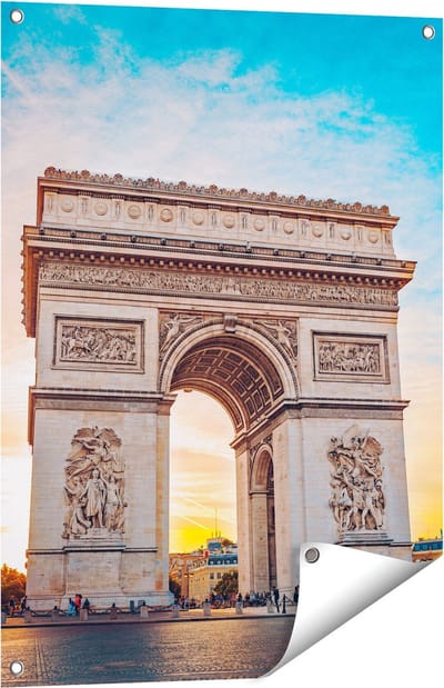 Gards Tuinposter Arc de Triomphe in Parijs met Zonsondergang - 60x80 cm - Tuindoek - Tuindecoratie - Wanddecoratie buiten - Tuinschilderij