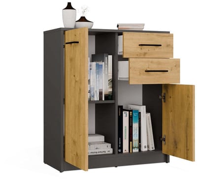 Moderne ladekast Simplo 2D2S – 2 deuren & 2 lades | Antraciet & Ambachtelijk Eiken | 74x85x35 cm