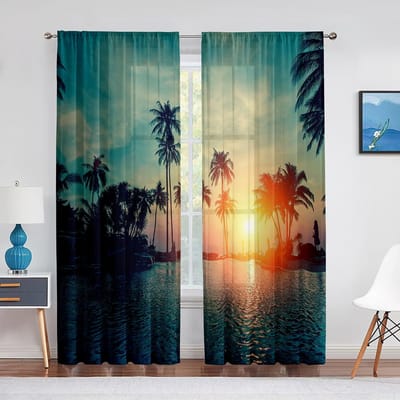 Tropische Kustpalmen Zomer Oceaanlandschap Tule Gordijnen voor Woonkamer Chiffon Doorzichtig Voile Keuken Slaapkamer Gordijn 1 PCS W100XH250cm&Grommet Top