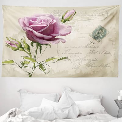 ABAKUHAUS Rozen Wandtapijt en Sprei, Vintage Delicaat, 230 x 140 cm, Beige Lichtroze Groen
