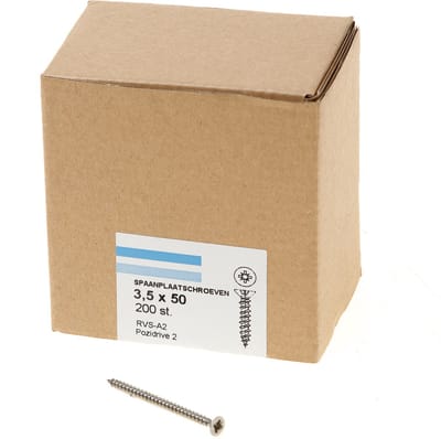Hoenderdaal Spaanplaatschroef RVS platverzonken kop PZ2 voldraad 3.5X50 (per 200 stuks)