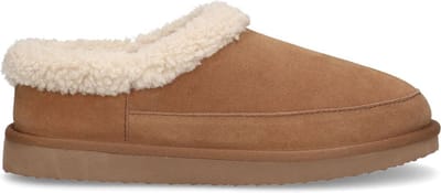 Manfield - Heren - Cognac suède pantoffels met imitatie wol - Maat 40