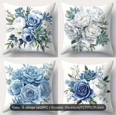 4-Pack Moderne Geometrische Blauwe en Witte Bloemen Polyester Kussenhoezen