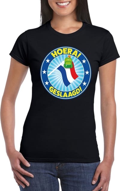 Geslaagd t-shirt zwart met vlaggenmast en tas dames S
