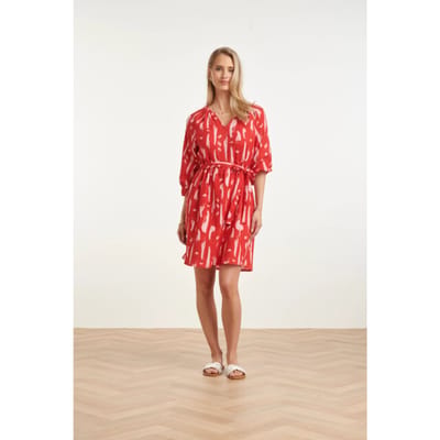 Smashed Lemon Dames jurk met abstracte streep print in rood met roze |