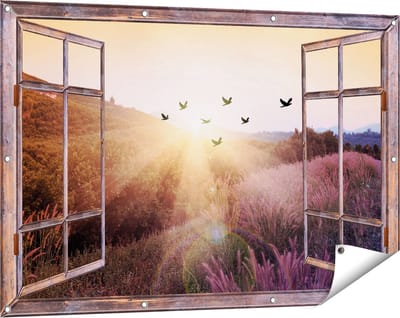 Gards Tuinposter Doorkijk Silhouet Zwerm Vogels bij Zonsondergang - 120x80 cm - Tuindoek - Tuindecoratie - Wanddecoratie buiten - Tuinschilderij