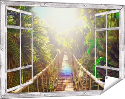 Gards Tuinposter Doorkijk Houten Brug in de Tropische Jungle - 120x80 cm - Tuindoek - Tuindecoratie - Wanddecoratie buiten - Tuinschilderij