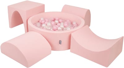 KiddyMoon schuimspeelplaats met rond ballenbad (200 ballen) ballenbakken voor baby's speelbad hindernisbanen, made in the eu, roze:poederroze/parelmoer/transparant