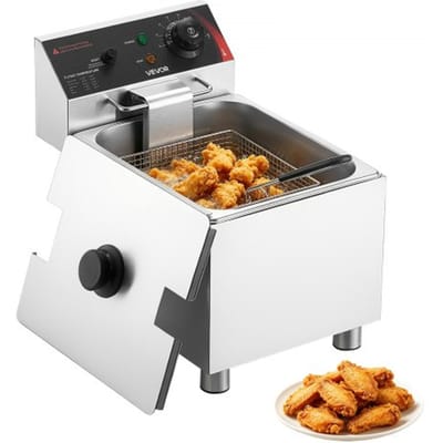 VEVOR Commerciële Elektrische Friteuse, 7,5 liter oliecapaciteit, 2500 W, roestvrijstalen tafelmodel friteuse met mandje en deksel, oververhittingsbeveiliging, temperatuurregeling, verstelbare poten voor gebruik in de horeca.