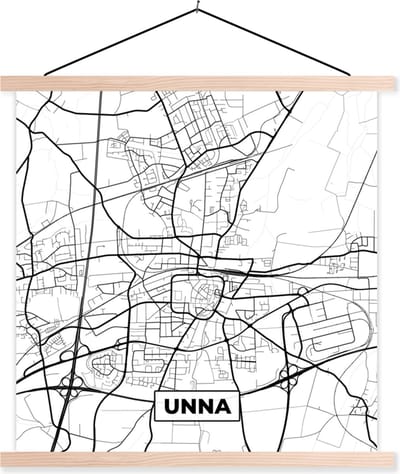 Posterhanger incl. Poster 40x40 cm - Schoolplaat - Plattegrond - Unna - Kaart - Stadskaart - Textielposter - Blanke latten - Stadskaart