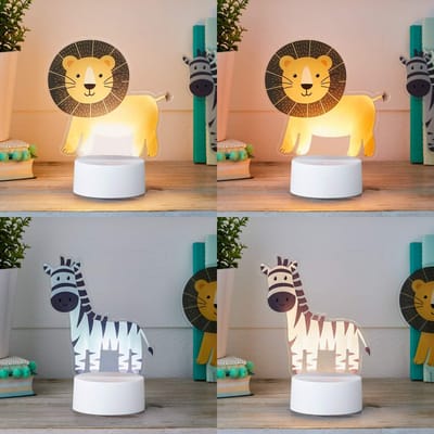LED Kinder Nachtlampje Tafel - 2-in-1 Leeuw & Zebra Safari - Warm Wit - Met Timer