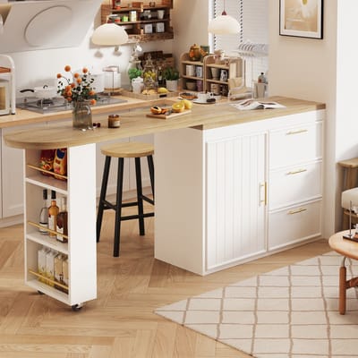MODENUIT Bartafel - 360 Graden Draaibaar Met 3 Laden - Voor Eetkamer En Werkkamer - Wit MDF En Metaal - 128-203x39x90