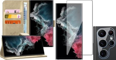 Hoesje geschikt voor Samsung Galaxy S22 Ultra - Book Case Kunstleer Wallet Cover Portemonnee Pasjeshouder Hoes Goud - Full Tempered Glass Screenprotector - Camera Lens Protector