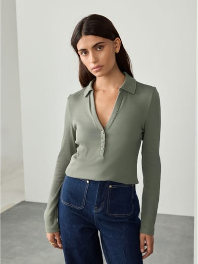 Next - Dames - Henley top met lange mouwen en knoopsluiting - Groen