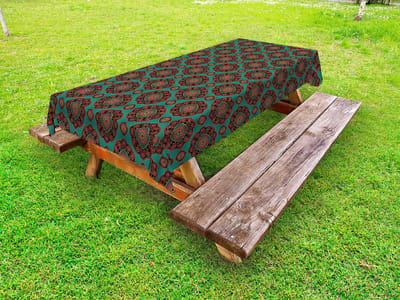 ABAKUHAUS oosterse buitentafelkleed, bloemenmandala-motieven, decoratief wasbaar picknicktafelkleed, 145 x 210 cm, cadet blauwbruin meerkleurig