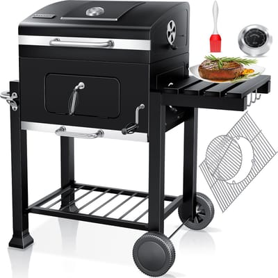 KESSER® Houtskoolbarbecue XL Barbeque Houtskool met Deksel, Wielen, Roestvrij Stalen Handvat, Barbecuerooster en Thermometer, 8 Spiesen met Zakje & siliconen Borstel, grote BBQ Camping Terras Tuin