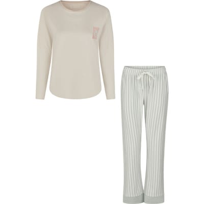 By Louise Dames Pyjama Set Lang Katoen Beige/Mintgroen Gestreept - Maat XL