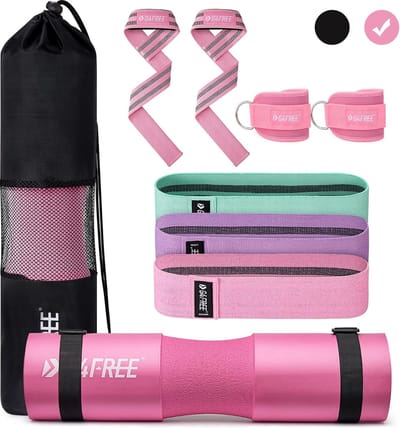 Set van 9 lange halterpads/nekpads/halterpad voor squats/heupstoten/lunges/olympische lange halter met 2 gym-enkelveiligheidsbanden en 3 heupweerstandsbanden en 2 fitnessbanden