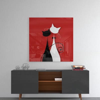 Glasschilderij Vierkant - Katten – Abstract – Rode Achtergrond - 40x40xcm