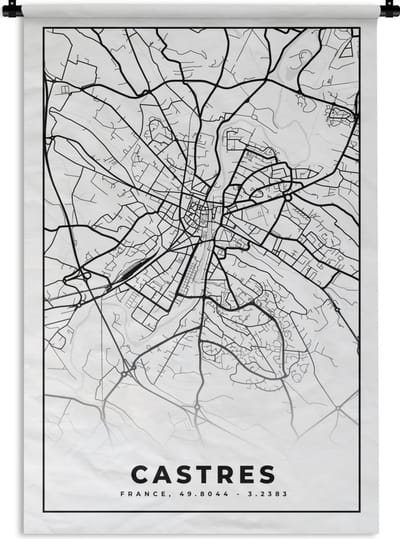 Wandkleed - Wanddoek - Frankrijk - Kaart - Castres - Plattegrond - Stadskaart - Zwart wit - 120x180 cm - Wandtapijt