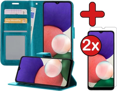 Hoesje - Met 2x Screenprotector - Geschikt voor Samsung Galaxy A22 4G - Luxe Pasjeshouder - Flip Case - Bookcase Portemonee - Kunstleer Book Case - Flipcase Hoes - Book Cover - Walletcase - Portemonneehoes - Telefoonhoes - Turquoise