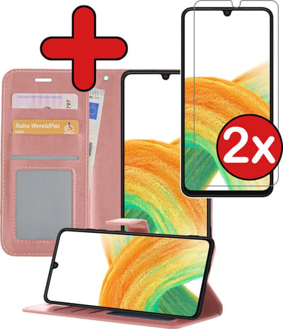 Hoesje - Met 2x Screenprotector - Geschikt voor Samsung Galaxy A33 - Luxe Pasjeshouder - Flip Case - Bookcase Portemonee - Kunstleer Book Case - Flipcase Hoes - Book Cover - Walletcase - Portemonneehoes - Telefoonhoes - Rosé goud