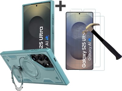 Hoesje Geschikt voor Samsung Galaxy S25 Ultra met 3 Stuks gehard glas Screenprotectors - Armor hoes met Ringhouder - Arara backcover - Lake Blauw