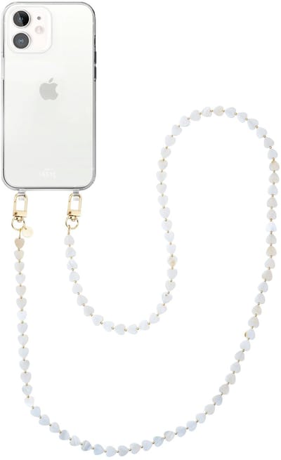 xoxo Wildhearts siliconen hoesje - Geschikt voor iPhone 12 hoesje - Shell Hearts (long) - Telefoonhoesje - Hoesje met koord - gekleurde hartjes - Lang koord - Transparant hoesje met telefoonkoord - Beige / Crème