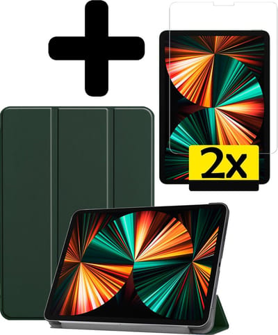 Hoes - Geschikt voor Apple iPad Pro (2021) - 11 inch - 3e generatie - Met Screenprotector - Trifold Bookcase - Hard Cover - Hardcover Book Case - Tablet Hoesje - Donkergroen