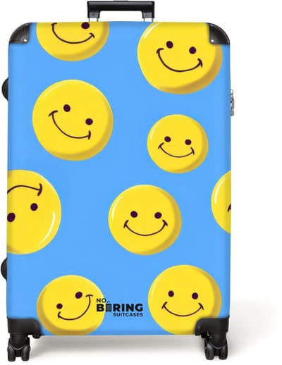 NoBoringSuitcases.com® - Koffer groot - Reiskoffer lichtgewicht - Smiley's op een blauwe achtergrond - Rolkoffer met 4 wielen - Grote trolley XL - 98 liter bagage