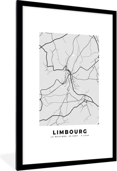 Fotolijst incl. Poster Zwart Wit- Stadskaart – Zwart Wit - Kaart – Limbourg – België – Plattegrond - 80x120 cm - Posterlijst