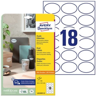 Avery-Zweckform L6024REV-25 Universele etiketten 63.5 x 42.3 mm Papier Wit 450 stuk(s) Weer verwijderbaar Laser (kleur), Laser (zwart/wit)