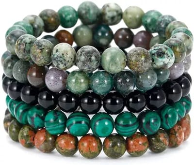 Helin Life Armband Set Heren & Dames – 5-Delig – Natuursteen Kralenarmbanden – 8mm Malachiet (Groen) – Unisex Sieraden – Cadeau voor Mannen & VrouwenLuxe Geschenkdoos