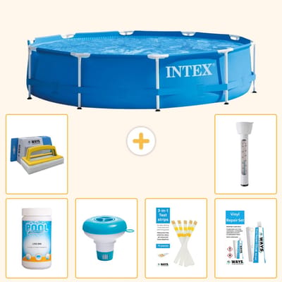 Intex Rond Frame Zwembad - 366 x 76 cm - Blauw - Inclusief Chloor - Chloordrijver - Testrips - Reparatiesetje - Scrubborstel - Thermometer - 7-delig