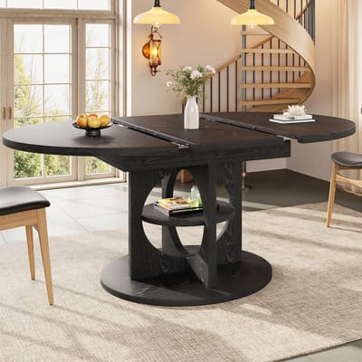 REDOM - Uitschuifbare Eettafel - Met Opbergrek - Rond En Ovaal - Modern - MDF En Metaal - Zwart - 110-150 X 110 X 76 Cm