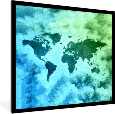 Poster in lijst - Fotolijst 40x40 cm - Posters - Wereldkaart - Rook - Blauw - Posterlijst zwart - Decoratie - Wanddecoratie woonkamer - Muurdecoratie slaapkamer