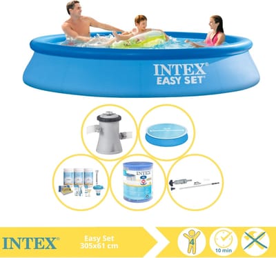 Intex Rond Opblaasbaar Easy Set Zwembad - 305 x 61 cm - Blauw - Inclusief Pomp - Solarzeil - Onderhoudspakket - Filter - Stofzuiger - 6-delig