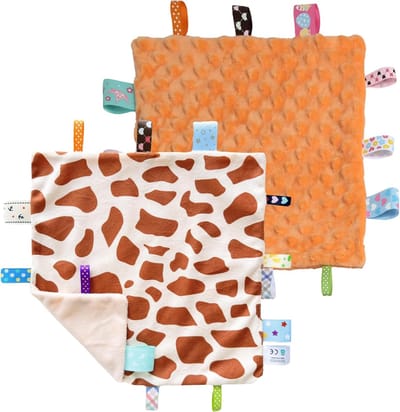 Zachte Babydeken met Label, Sensory Dekentje voor Kinderen, Schattig Cadeau voor Verjaardag en Babyshower, 24 x 24 cm, Giraffe met Oranje Vlekken