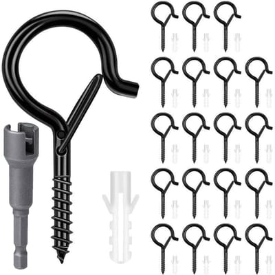 Dailygoods - Pakket van 20 roestvrijstalen schroefhaken met veiligheidsschroefhaken Muurhaken Plafondhaken met 1 vleugelmoer voor het ophangen van potplanten, sprookjeslampjes, windklokken (rond zwart, M4)