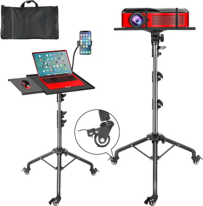 Aurixi® Beamer Statief - Projector Statief Met Wieltjes – Beamer Statief Met Laptop Verdieping – Verstelbaar Standaard – Tripod – Laptop Standaard – 2 Planken – Belastbaar tot 10 KG - Presentatiekar - Zwart - ‎39cm x 29cm x 43cm