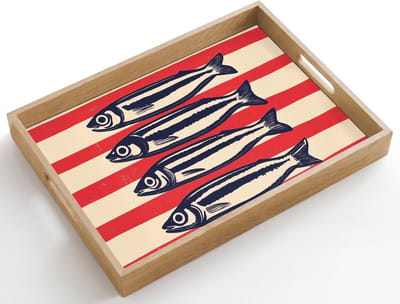 Dienblad hout 50x35 cm - Schootdienblad - Sardines - Rood en beige strepen - Borrelplank rechthoek - Plateau dienbladen