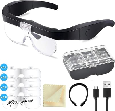 Mrs. Jones Vergrootbril met licht led-hoofdband USB-oplaadbaar afneembare lens vergrootglas lamp headset 4 lenzen 15 x 25 x 35 x 5 x - Vergrootglas met 2 ledlampen .