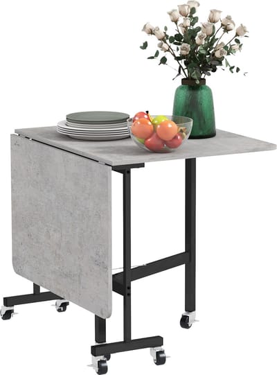 HOMCOM Opklapbare Eettafel - Betonlook - Op Wielen - Voor 6 Personen - Grijs