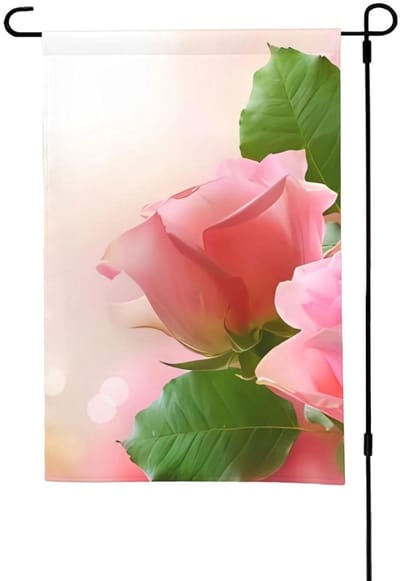 Tuinvlag Roze Rozen - Decoratievlag Buiten - Tuin Decoreren - Dubbelzijdig Bedrukt - 30x45cm - Zwart