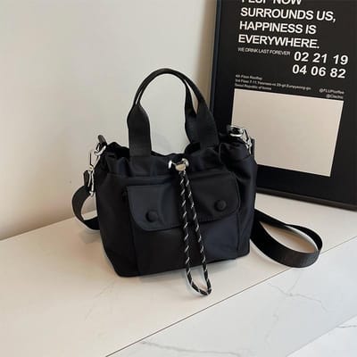 Tas met trekkoord, veelzijdige lichtgewicht draagtas van Oxford-stof, schoudertas/crossbodytas, kleine draagtas black