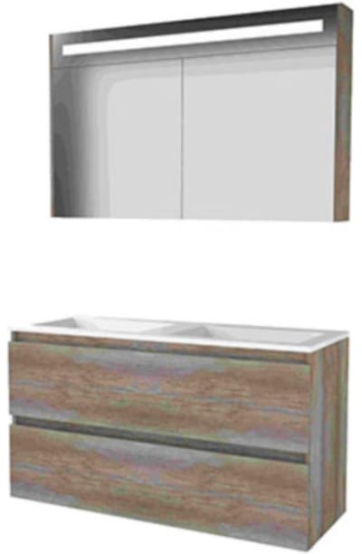 Basic-Line Premium 46 Badkamermeubelset - 120 x 46 cm - Greeploos - 2 Lades - Acryl Wastafel - Zonder Kraangat - Spiegelkast met LED Verlichting - Scotch Oak