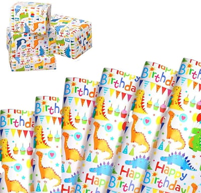 JHUBERS- Cadeaupapier Dinosaurus - 6 Vellen - Herbruikbaar - Verpakking - Feestdecoratie - 70 x 50 cm - Veilig Materiaal